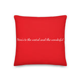 Jellyfish throw pillow with quote on back, here's to the weird and the wonderful